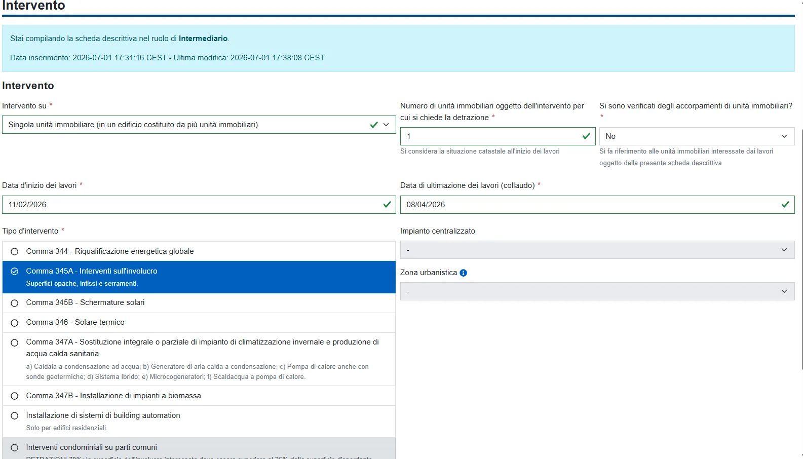 Tipo di intervento ENEA con la voce Comma 345A interventi sull’involucro
