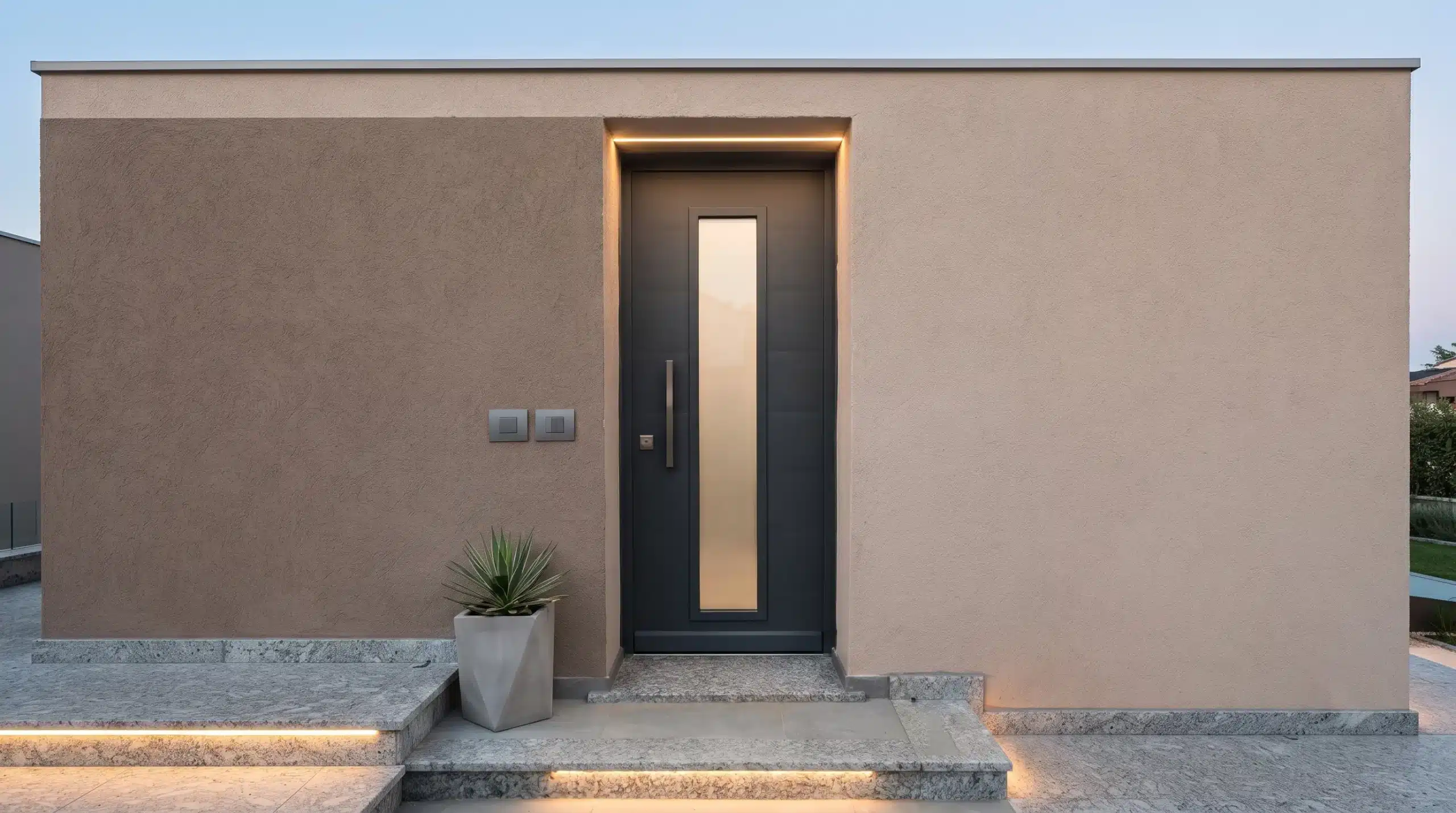Porta blindata grigia con pannello in alluminio e vetro