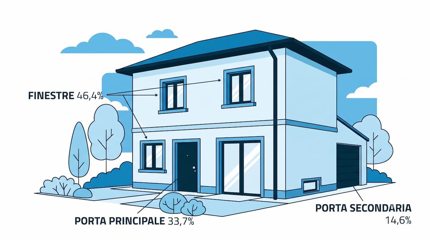 infografica di dove entrano i ladri in casa: finestre 46,4%, porta principale 33,7%, porta secondaria 14,6%